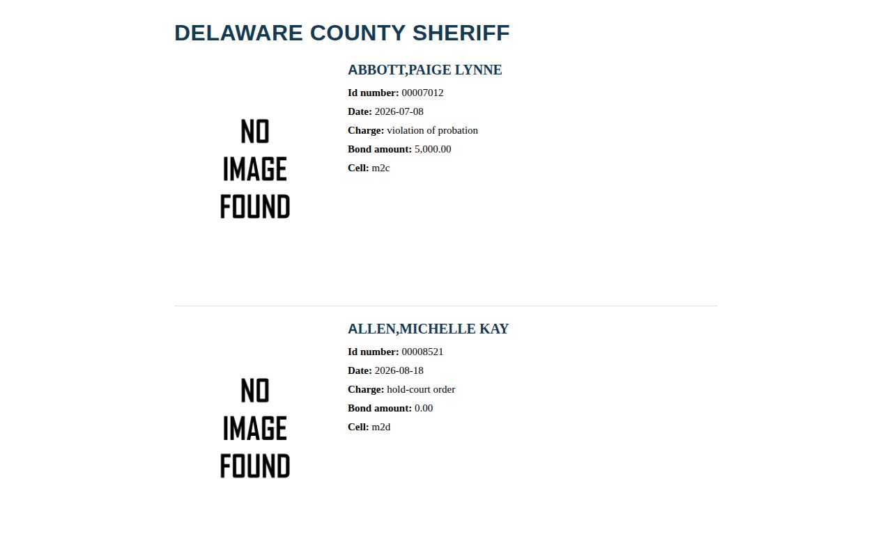 Delaware County jail current custody roster interface