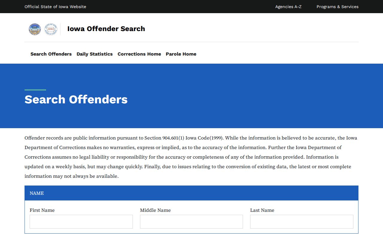 Iowa DOC Delaware County offender record search form